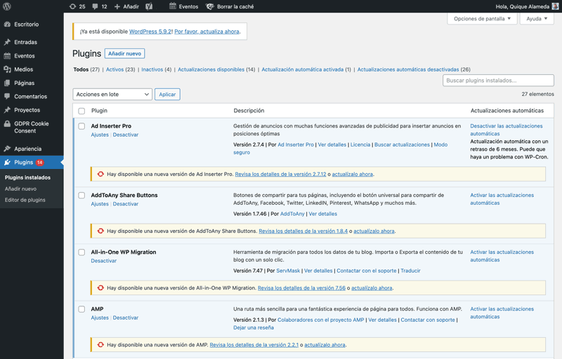 Mantenimiento plugins WordPress