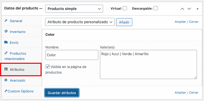 Atributos de producto en WooCommerce