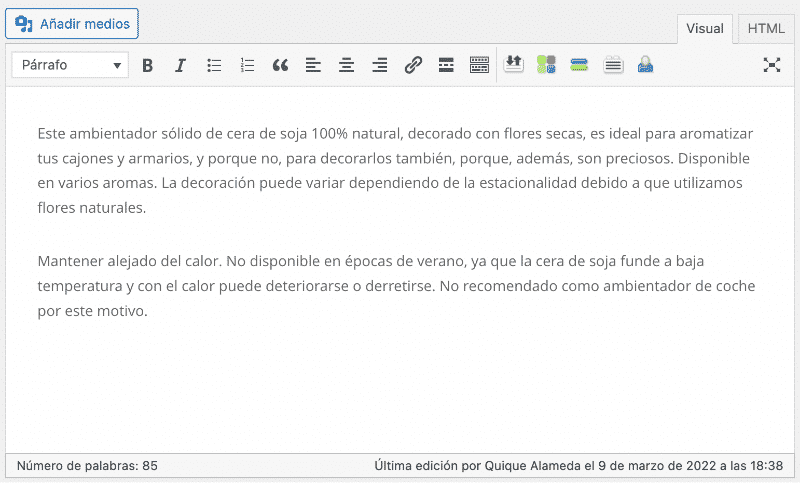 Descripción larga de producto en WooCommerce