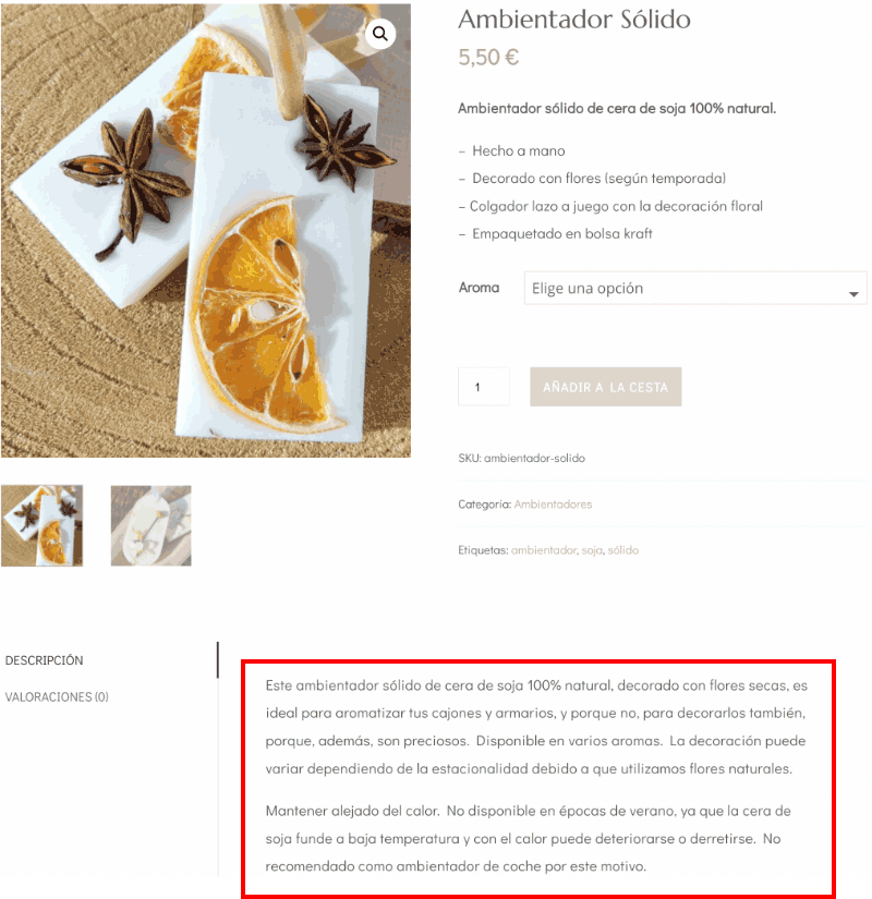 Descripción larga en producto de tienda online WooCommerce