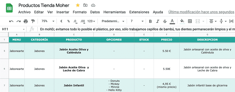 Excel con categorías de producto