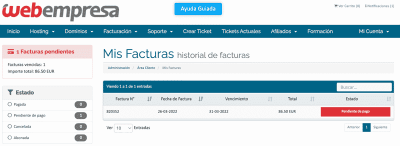 Historial de facturas Webempresa