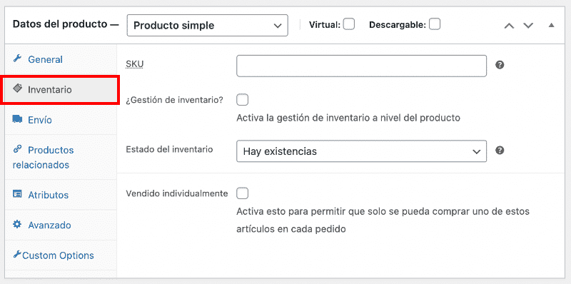 Inventario de producto en WooCommerce