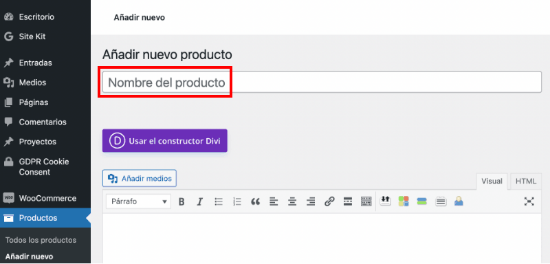 Nombre del producto WooCommerce