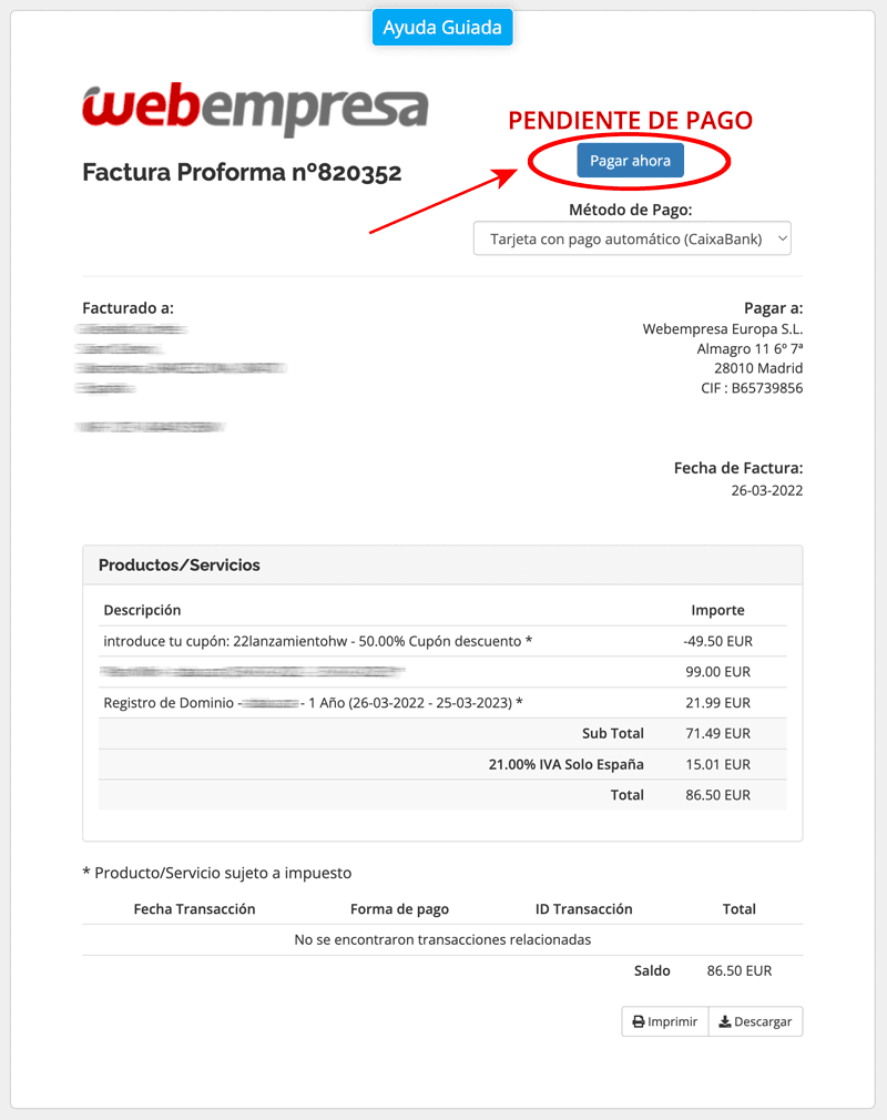 Pagar factura Webempresa