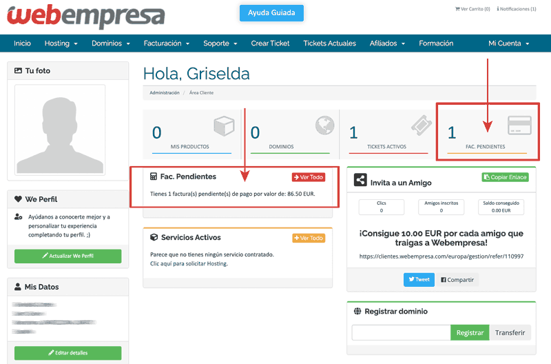 Panel administración Webempresa