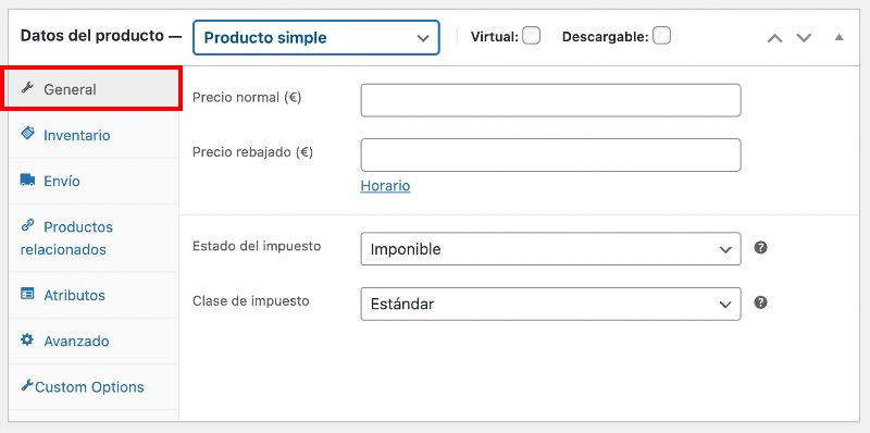 Datos generales de producto en WooCommerce