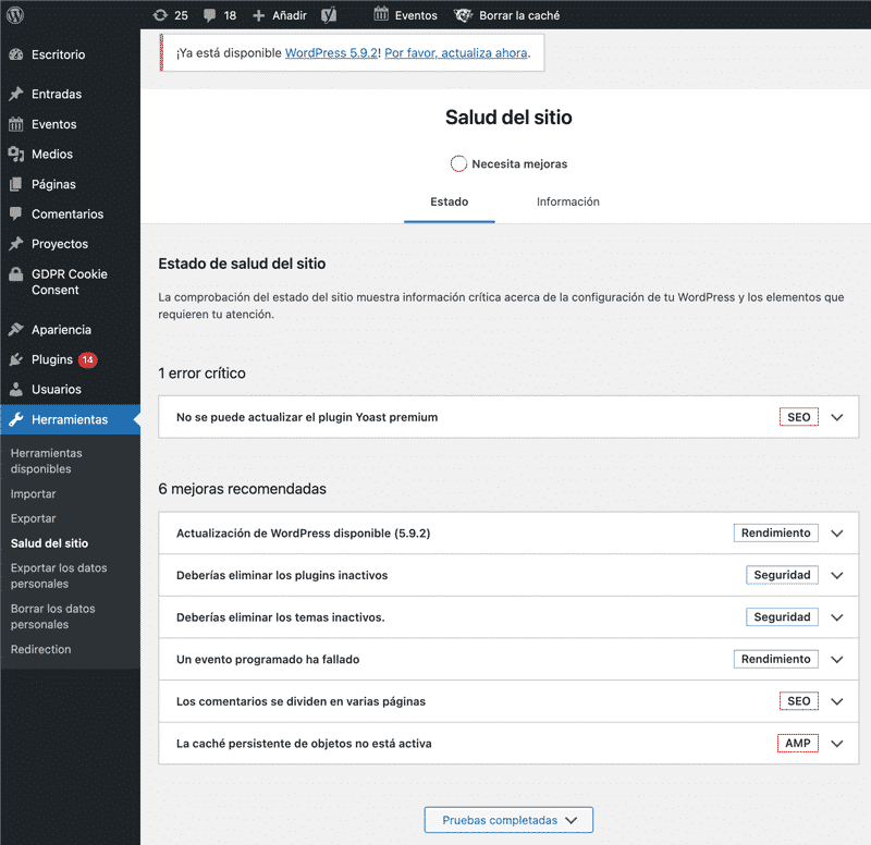 Estado de salud sitio WordPress