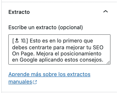 Extracto en Entrada (metadatos WordPress)