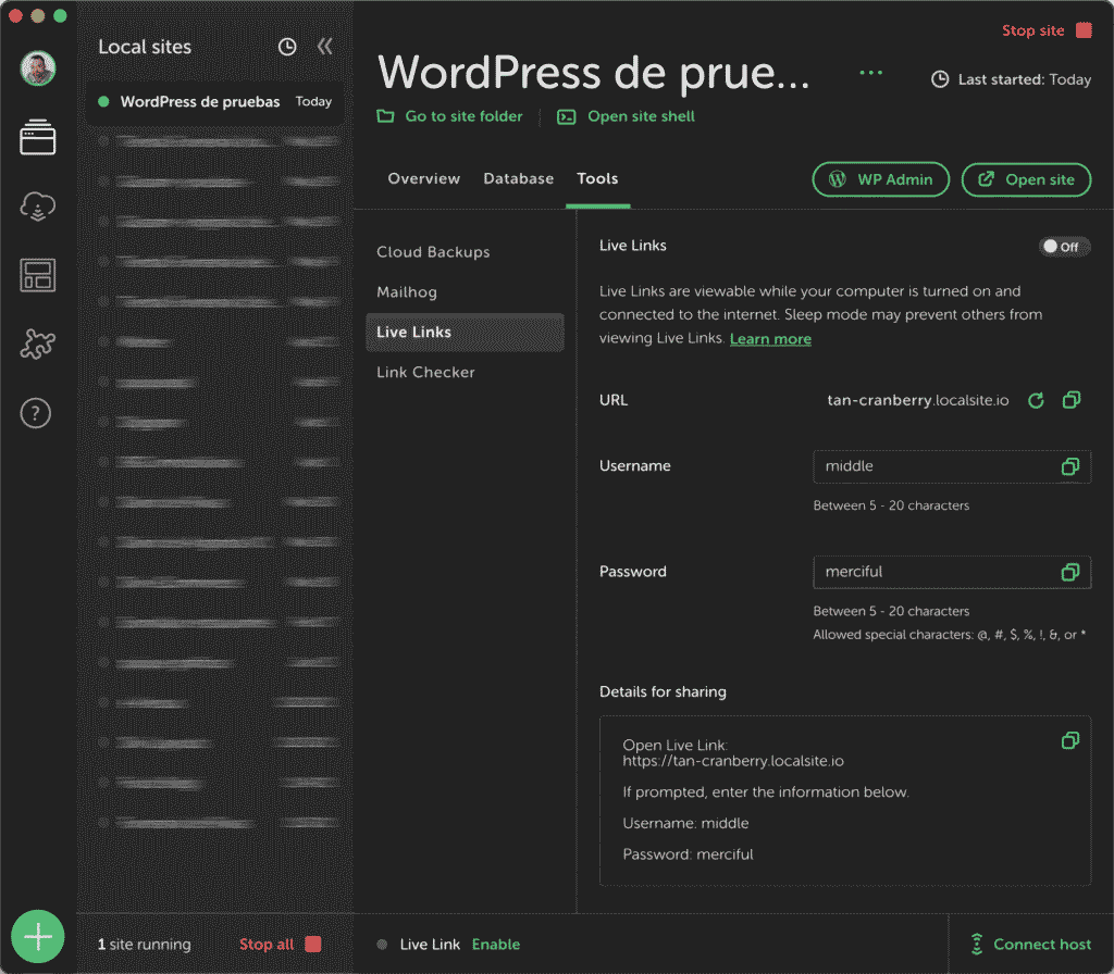 Live Link editor de usuario, contraseña y URL permanente
