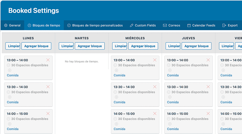 Calendario semanal con bloques de tiempo disponibles para reservar cita
