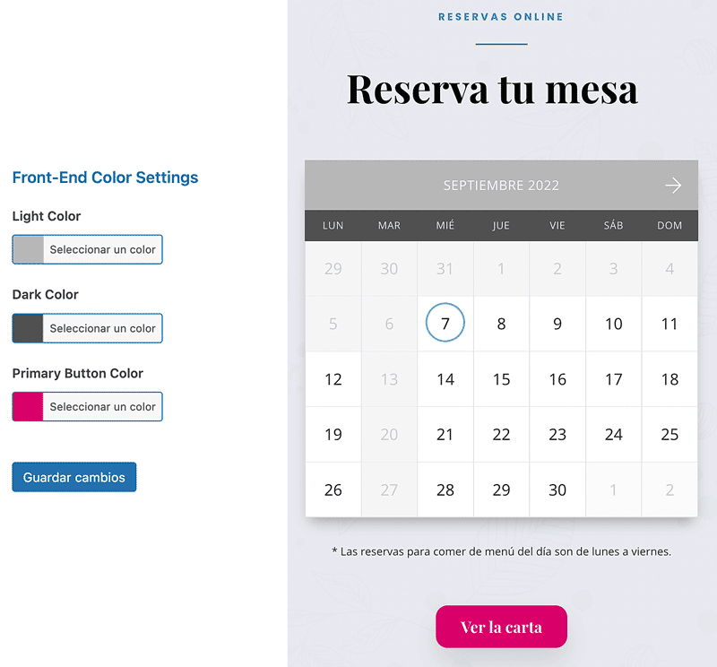 Diseño de los colores del calendario de reservas