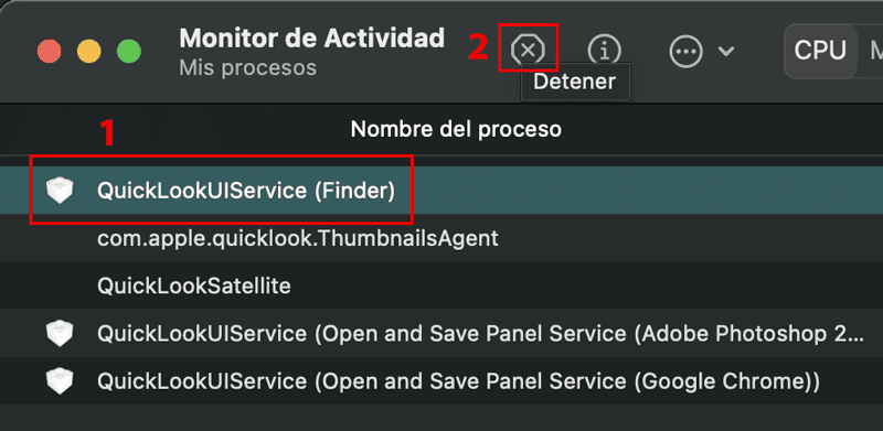 Proceso Quick Look UI Service a detener