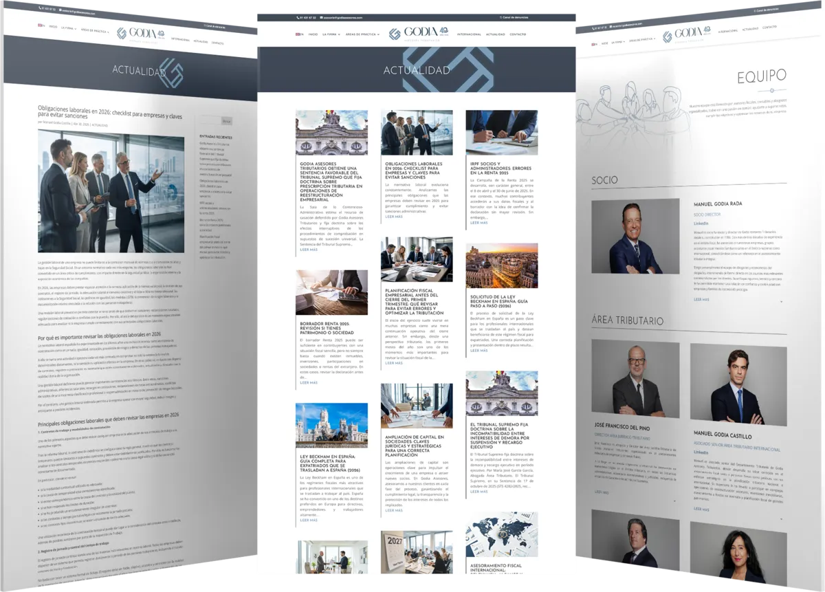 Pantallas del proyecto del proyecto web Godia Asesores Tributarios