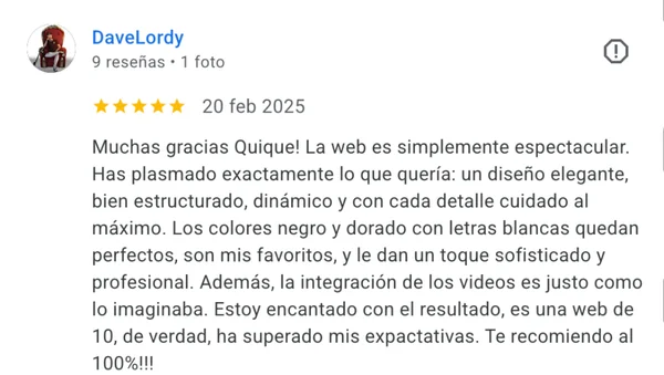 Testimonio de cliente del proyecto web DavelordyDG