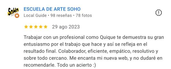 Testimonio de cliente del proyecto web Escuela de arte Soho