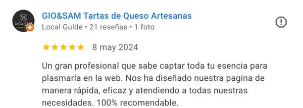 Testimonio de cliente del proyecto web Giosam Foodart