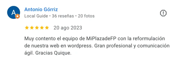 Testimonio de cliente del proyecto web Mi Plaza de FP