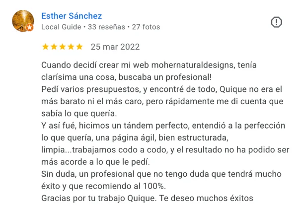 Testimonio de cliente del proyecto web Moher Esther Sánchez