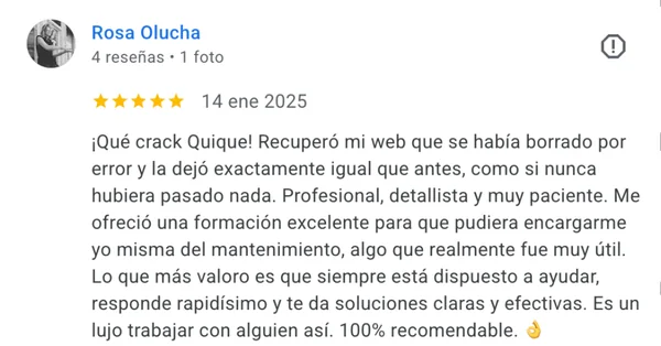 Testimonio de cliente del proyecto web Rosa Olucha