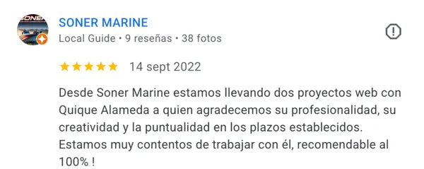 Testimonio de cliente del proyecto web Soner Marine